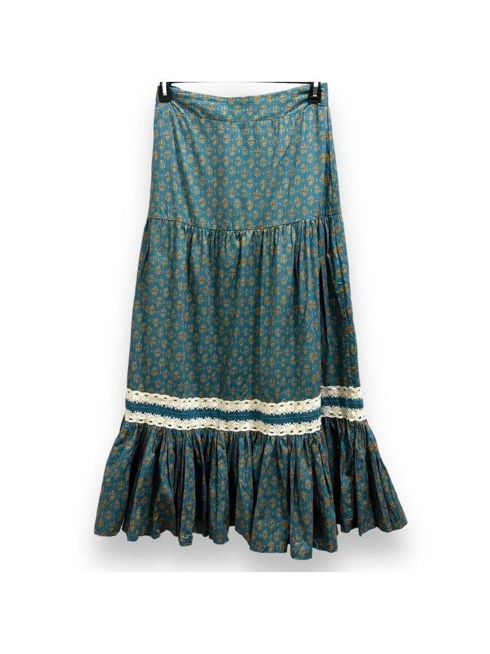 NWT Luna Moon Teal Gold Cream Peasant Cottage core Maxi Skirt Medium
